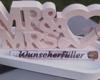 Wedding gift Mr & Mrs with heart and wish-fulfiller – KeraFun decoration in pink/white or white/gold – 24x10x11 cm