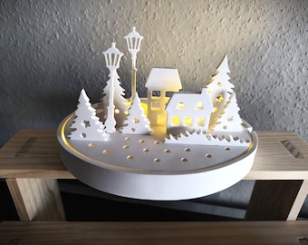 Ceramic LED illuminated winter village from Raysin KeraFun – Christmas decoration with houses, fir trees & lanterns – atmospheric table decoration