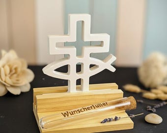 Confirmation/Communion Gift: Cross Fish Raysin Decoration with Test Tube Wish Filler – Personalized Keepsake & Modern Money Gift