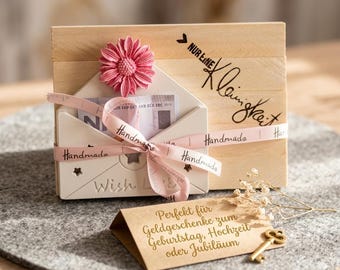 Wooden Money Gift in a Raysin Envelope: Handmade gift idea with heart for birthdays & weddings. A small decorative token for loved ones.