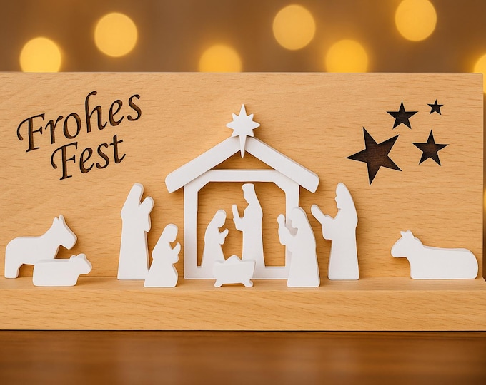 Featured listing image: Handmade mini nativity scene made of wood & Raysin – Lovely Christmas crib – Gift idea – Modern nativity scene – Natural Christmas decoration