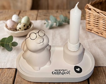 Easter decoration bunny with glasses, Raysin Easter bunny set tray & candle holder, personalized Easter gift, handmade spring decoration with heart
