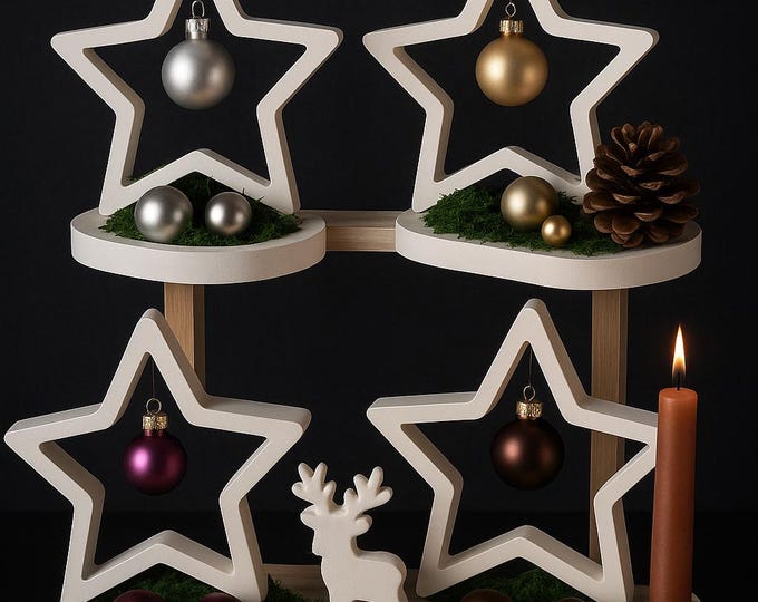 Featured listing image: Christmas decorative star tray made from casting powder Raysin – Handmade with love. Elegant Advent decoration with baubles, moss & candle holders.