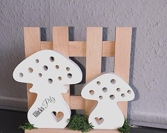 Handmade KeraFun decorative mushrooms – lucky mushroom ceramic figures on wood – housewarming gift, lucky charm, natural table decoration