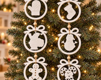 Christmas ornaments made from Venus arm | Six designs to choose from | White tree decorations with ribbon frame
