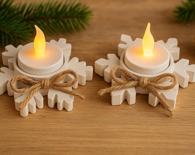 Featured listing image: Set of 2 snowflake tealight holders made of cast powder – wintery table decoration with rustic charm, perfect for Christmas & Advent