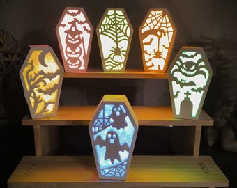 Halloween decoration LED light made of KeraFun ceramic Raysin – coffin shape with scary motifs (ghost, spider, pumpkin, bat) – handmade