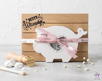 Money Gift Piggy Bank Raysin – Best Wishes Wooden Decoration – Handmade Lucky Pig for Birthdays & Weddings – Sweet Packaging with Heart