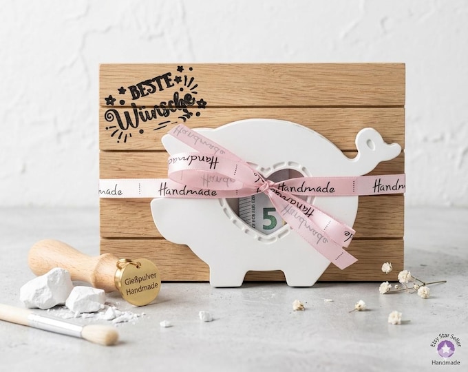 Featured listing image: Money Gift Piggy Bank Raysin – Best Wishes Wooden Decoration – Handmade Lucky Pig for Birthdays & Weddings – Sweet Packaging with Heart