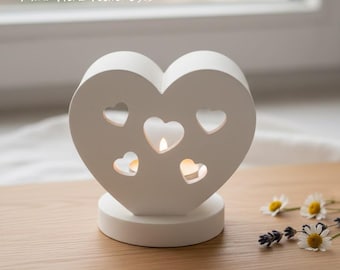 Mini heart-shaped tealight holder, handmade; Raysin decorative heart with cutouts; small gift for love & weddings; Hygge home decor, white; thank you