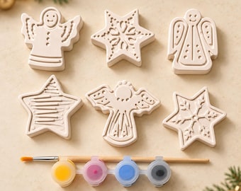 Christmas Figures to Paint | 3 Stars & 3 Angels in a Set | With Paints, Brush and Gift Bag