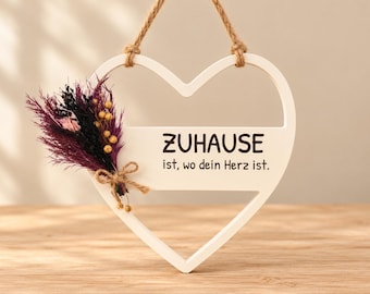 Hanging heart made of Venus arm | Home saying and colorful dried flowers | Housewarming gift