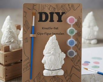 DIY gnome to paint – 3 plaster versions | KeraFun creative set with paints & brushes | 8 cm | Gift idea and decoration