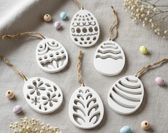 Raysin Easter Egg Ornaments, Modern Easter Decoration | Set of 6 White Minimalist Ornaments | Handmade Easter Gift | Spring Decoration, Scandinavian Look