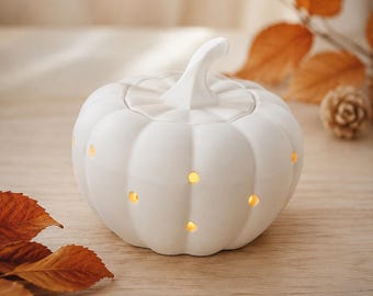 Pumpkin lantern with LED – hand-poured autumn decoration in white