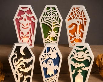 Halloween LED light in coffin shape | Hand-cast decoration with a spooky motif for windowsill and table
