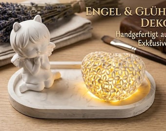 Angel Decor Set Raysin, Glowing Heart Gift, Romantic Night Light Handmade, Guardian Angel Tea Light Cozy, Cute Home Decor, Aesthetic Gift