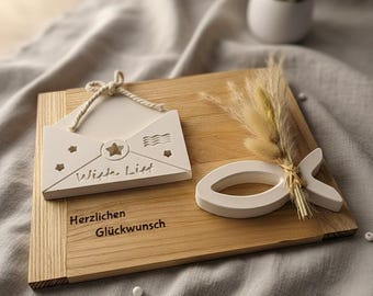 Gift for First Communion/Confirmation | Money Gift Fish - Letter Raysin | Personalized Baptism Decoration | Handmade Keepsake with Heart & Wood