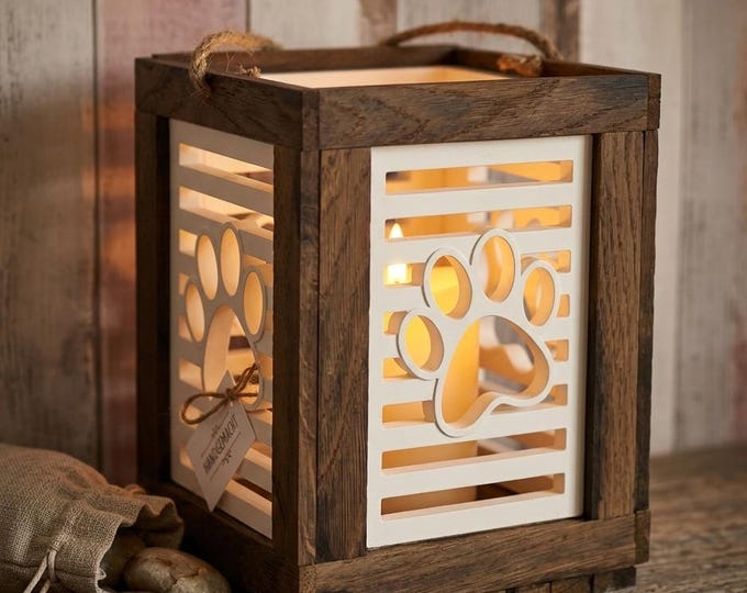 Featured listing image: Dog Paw Wooden Lantern Decoration: Personalized Gift for Animal Lovers & Dog Parents, Memorial Light for Dogs, Raysin Lantern, Boho Living Room