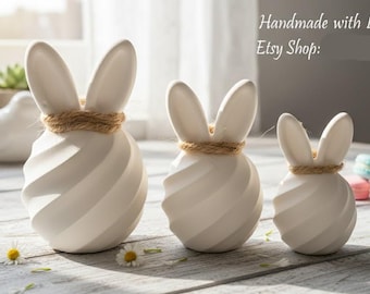 Raysin White Easter Bunny Decorations – Set of 3 Modern Bunny Figurines Casting Powder – Minimalist Easter Gift Handmade & Elegant with Heart