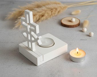 Fish and Cross Tealight Holder Raysin Decoration – Confirmation, Communion, Baptism Gift, Modern – Handmade, White – Christian Table Decoration Design