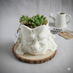 Può includere: Un vaso bianco scolpito a forma di volto, contenente succulente verdi. Il vaso è appoggiato su una fetta di legno. Un piccolo annaffiatoio bianco e un'etichetta con "Handmade with Care" sono sullo sfondo.