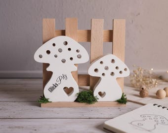 Handmade KeraFun decorative mushrooms – lucky mushroom ceramic figures on wood – housewarming gift, lucky charm, natural table decoration