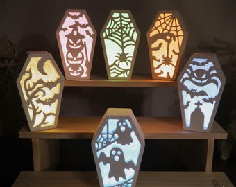 Halloween decoration LED light made of KeraFun ceramic Raysin – coffin shape with scary motifs (ghost, spider, pumpkin, bat) – handmade