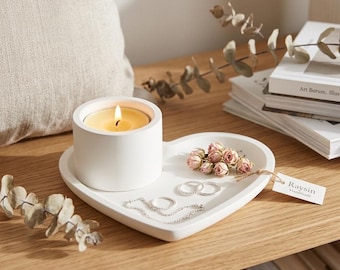 Mother's Day, Heart Candle Holder Raysin Decorative Tray – Handmade Gift with Love for Your Home, Jewelry Dish & Tealight Holder White