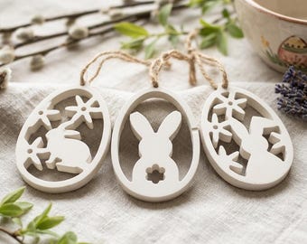 Easter decoration pendants (B-grade), Raysin egg bunny, set of handmade unique pieces with character, sustainable spring decorations, DIY look casting powder