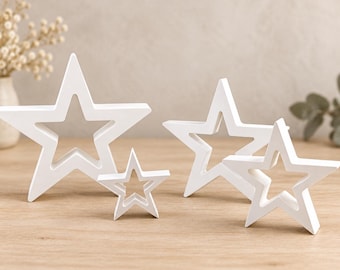 Star Decoration Set Made from Casting Powder | 4 White Decorative Stars, Hand-Poured | Christmas Decoration in Scandinavian Style
