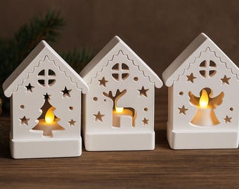 Raysin Christmas Tealight Holder – Handmade Decorative Houses with Angel, Reindeer & Christmas Tree – A Heartfelt Winter Gift Idea