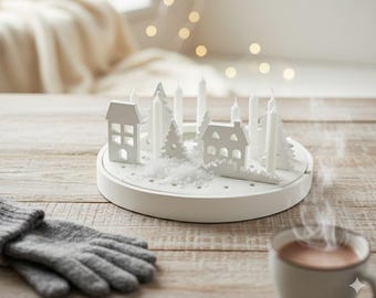 Ceramic LED illuminated winter village from Raysin KeraFun – Christmas decoration with houses, fir trees & lanterns – atmospheric table decoration