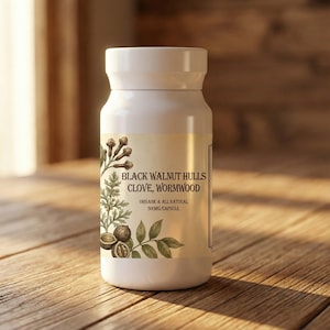 以下が含まれることがあります： 白いサプリメントボトル。クリーム色のラベルには植物のイラストとテキストが描かれています。ラベルには「BLACK WALNUT HULLS CLOVE, WORMWOOD」と「ORGANIC & ALL NATURAL 500MG/CAPSULE」と書かれています。ボトルは木製の表面に置かれています。