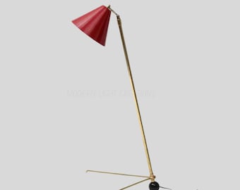 Retro Brass Floor Lamp • Stilnovo Inspired Adjustable Tripod Light • Mid Century Red Shade Lamp