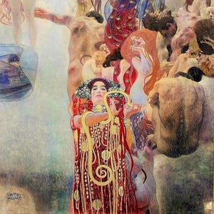 Op de afbeelding: Een reproductie van een schilderij van Gustav Klimt, met naakte figuren en een vrouw in een sierlijke jurk. Het kunstwerk heeft een dromerige kwaliteit met een palet van rood, blauw en goud, wat een gevoel van mysterie en emotie oproept.