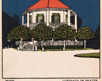 May include: An illustration of the Lusthaus im Prater in Vienna. The building is white with a red roof and green shutters. The text "WIEN" and "LUSTHAUS IM PRATER" are at the bottom of the image. The background is a dark blue.