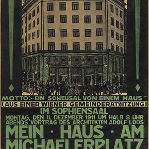 Può includere: Poster vintage in tedesco che pubblicizza un evento dell'Accademia di Letteratura e Musica. Il poster presenta un'illustrazione dettagliata di un edificio. Il design è in nero, verde e beige.