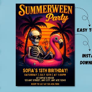 May include: A digital invitation for a "Summerween Party" featuring a skeleton in sunglasses relaxing on a pink flamingo float. The invitation includes party details: Sofia's 13th birthday, July 13th at 1:00 PM, and an RSVP.