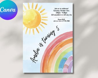 Watercolor Rainbow Birthday Invitation Template | Editable Canva E-Invite (Digital Download)