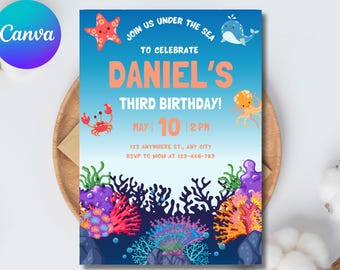 May include: A blue and white birthday invitation with an under the sea theme. The invitation features a starfish, a whale, an octopus, and a crab. The text on the invitation reads "Join us under the sea to celebrate Daniel's Third Birthday! May 10 | 2 PM 123 Anywhere St., Any City RSVP to Mom at 123-456-789".