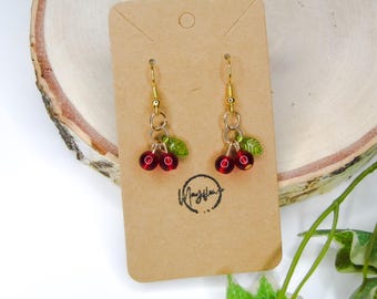 Double Cherry Earrings - Red Berry Jewellery - Kawaii Fruit Dangles