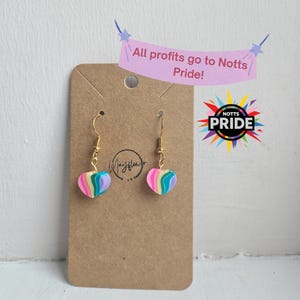Può includere: Un paio di orecchini a forma di cuore con un motivo a onde arcobaleno multicolore su un cartoncino marrone. Gli orecchini hanno ganci in metallo dorato. Il testo sul cartoncino recita: All profits go to Notts Pride! e Notts Pride.