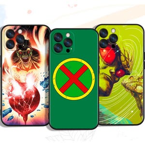 May include: Three phone cases with unique designs. One case features a red and orange comic book illustration. Another has a green background with a yellow circle and a red X. The third case has a green and yellow illustration.