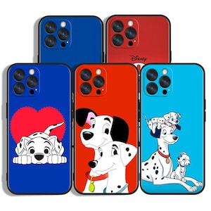 May include: Five smartphone cases featuring Disney's 101 Dalmatians characters. Designs include a puppy with a red heart, two adult Dalmatians, and a mother dog with two puppies. The cases are blue, red, and light blue with black camera cutouts.