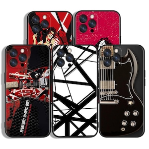 May include: Five smartphone cases featuring rock music themes. Designs include a red and white striped guitar, a black and white geometric pattern, a solid black electric guitar, and illustrations of a musician with the text EVERYBODY WANTS ONE.