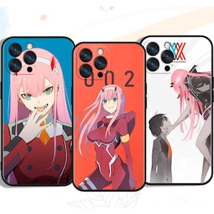 May include: Three phone cases featuring anime character Zero Two. The cases have different backgrounds: blue, red, and white. Each case displays Zero Two in various poses, with pink hair and red outfits. The red case has the number "02" printed on it.