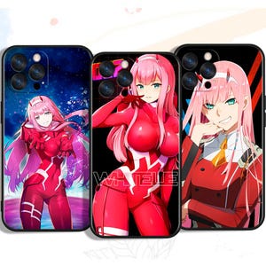 May include: Three phone cases with anime-style illustrations. Each case showcases a character with pink hair and red attire. The backgrounds differ, including a starry sky and a black background.