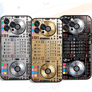 May include: Three phone cases with a DJ mixer design. The cases feature silver, gold, and black colour schemes, with detailed illustrations of turntables, buttons, and sliders. The cases have a glossy finish and are designed to protect the phone.