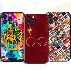 May include: Three phone cases with Harry Potter designs. One case displays the Hogwarts crest, another has a lightning bolt and glasses, and the third features characters and symbols from the series. The cases have a glossy finish.